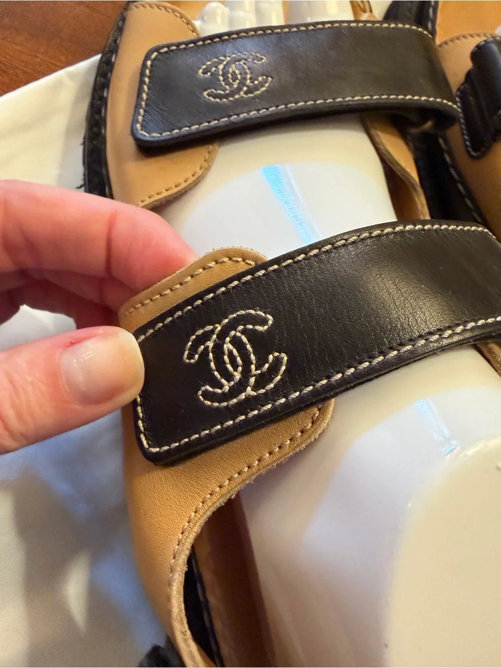 CHANEL Black and Tan Leather “Dad” Velcro Strap Sandals woman’s 10.5